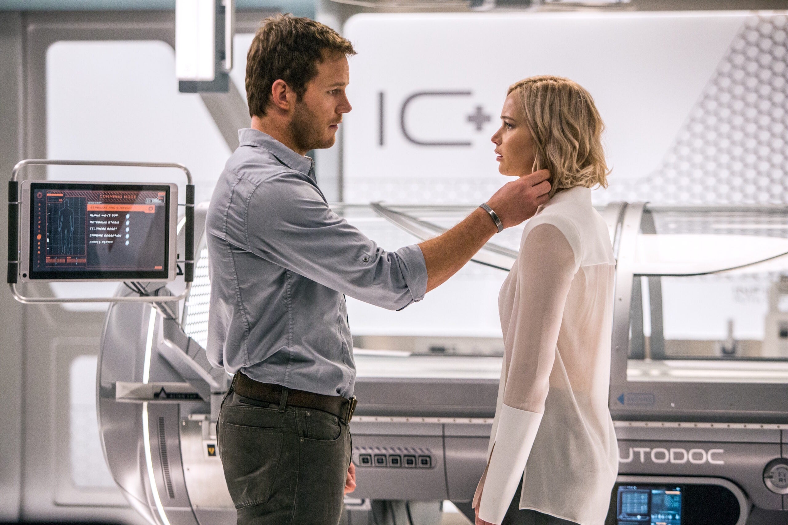 In the Infirmary, Jim (CHRIS PRATT) and Aurora (JENNIFER LAWRENCE) realize they have limited options in Columbia Pictures' PASSENGERS.