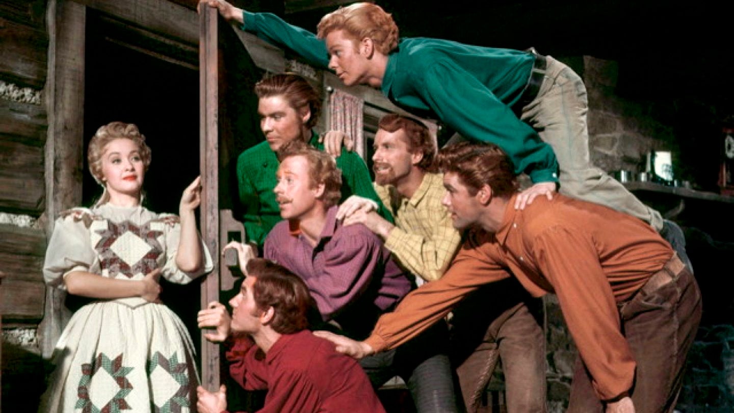 Title: SEVEN BRIDES FOR SEVEN BROTHERS ¥ Pers: POWELL, JANE / RALL, TOMMY / D'AMBOISE, JACQUES / PLATT, MARC / TAMBLYN, RUSS / MATTOX, MATT / RICHARDS, JEFF ¥ Year: 1954 ¥ Dir: DONEN, STANLEY ¥ Ref: SEV005CQ ¥ Credit: [ MGM / THE KOBAL COLLECTION ]